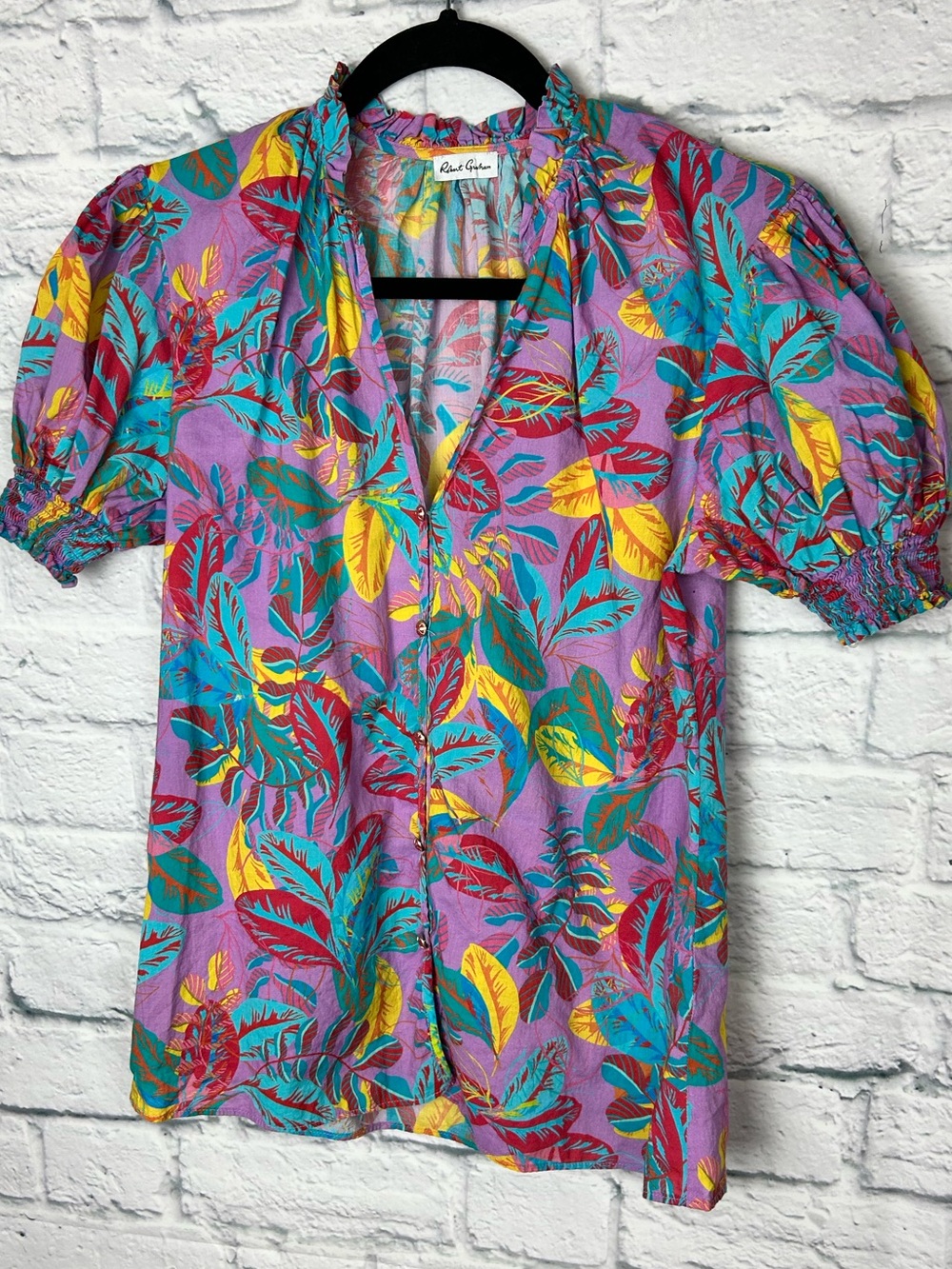 Robert Graham XS Tropical Floral Cotton Blouse Puff Sleeve Multicolor